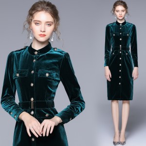 Real time spot women's standing collar long sleeved single breasted lace up commuting velvet dress women's windbreaker