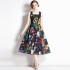 Real shot French retro printed high waisted camisole dress in stock