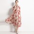 Real time stock long sleeved vacation style big swing chiffon printed big swing dress