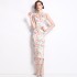 Real time spot printed short sleeved dress, slim fit slit long dress, with suspender skirt inside, two-piece set