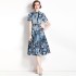 Real time spot new color printed pleated loose hem dress for commuting