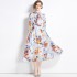 Real time stock long sleeved vacation style big swing chiffon printed big swing dress