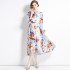 Real time stock long sleeved vacation style big swing chiffon printed big swing dress