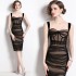 Real shot spot velvet spliced mesh suspender skirt with fishbone folds, slimming dress