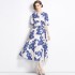 Real time spot new blue and white porcelain printed mid length skirt with waist cinching retro dress