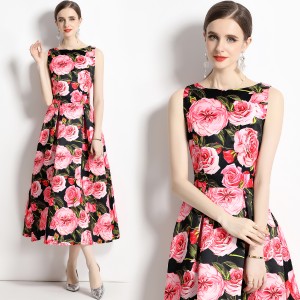 Real time stock sleeveless high waisted dress with three-dimensional cutting and waist cinching A-line skirt