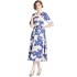 Real time spot new blue and white porcelain printed mid length skirt with waist cinching retro dress