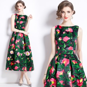 Real time stock sleeveless high waisted dress with three-dimensional cutting and waist cinching A-line skirt