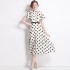 Real time spot French polka dot printed dress for women with stand up collar, short sleeved A-line mid length skirt, with belt included