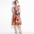 Real time spot 2023 new retro waist slimming sleeveless printed dress mid length