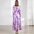 Real time spot rustic style long skirt, women's printed collar flared sleeve dress