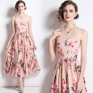 Real time spot fashion show new women's temperament long skirt slim fit suspender printed dress