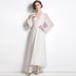 Real time spot French court retro style slimming white dress long sleeved V-neck long skirt