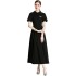 Real shot in stock Roman cotton lapel spliced black dress, light mature style French waist cinched long skirt for children