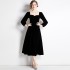 Real shot spot square neck velvet dress, French retro Hepburn style dress