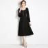 Real time spot new French splicing retro small fragrant style long sleeved women's collar Hepburn black dress