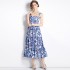 Real time spot fashion show new women's temperament long skirt slim fit suspender printed dress