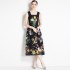 Real shot French retro printed high waisted camisole dress in stock