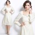 Real shot spot jacquard handmade nail drill beige bubble sleeve dress with waist cinched mid length skirt