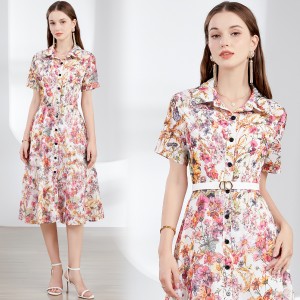 Real time spot printed waist cinching shirt dress, retro commuting belt gift