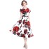 Real time spot rose print medium long skirt slim fit waist cinched shirt collar A-line skirt large swing dress with belt included