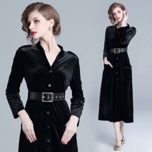 Real time spot European and American velvet long sleeved long skirt dress