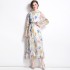 Real time spot French retro seven quarter sleeve floral dress, new printed long dress with belt included