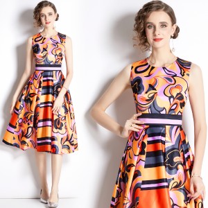 Real time spot 2023 new retro waist slimming sleeveless printed dress mid length