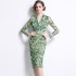 Real shot spot mesh long sleeved dress, new printed tea break dress, waist cinched V-neck wrapped hip skirt dress