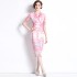 Real time spot printed dress new V-neck lace up slim fit mid length skirt for women