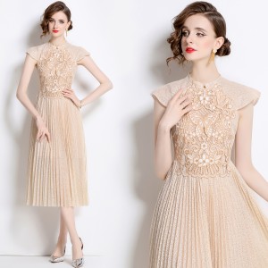 Real time spot lace embroidered dress for women, new French style elegant pleated mid length skirt