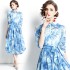 Real shot spot early spring women's blue printed shirt dress