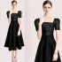 Real time spot French Hepburn style temperament solid color waist slimming big hem square collar dress