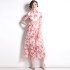 Real shot spot doll collar printed chiffon five quarter sleeve long dress with bellflower stem French 2023 new