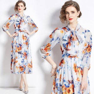 Real time stock long sleeved vacation style big swing chiffon printed big swing dress