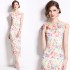 Real time spot printed short sleeved dress, slim fit slit long dress, with suspender skirt inside, two-piece set