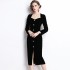 Real shot spot black velvet French V-neck slim fit dress for women