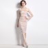 Real shot spot velvet spliced mesh suspender skirt with fishbone folds, slimming dress