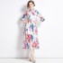 Real time stock long sleeved vacation style big swing chiffon printed big swing dress