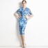 Real time spot niche printed short sleeved dress for women's mid to long length, slim fit, hip hugging skirt