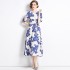 Real time spot new blue and white porcelain printed mid length skirt with waist cinching retro dress