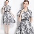 Real time spot printed waist cinching shirt dress with waist belt for commuting