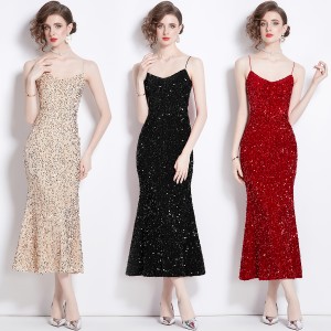 Real shot vintage sequins high waist slimming bag hip suspender fishtail skirt A-line mid length skirt in stock