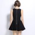 Real shot black V-neck sleeveless dress with double breasted buttons and waist cinched pleated short skirt