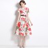 Real shooting spot 2023 new printed pattern round neck retro mid waist short sleeved waist dress