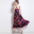 Real time spot fashion show new women's temperament long skirt slim fit suspender printed dress