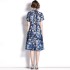 Real time spot European station shirt skirt blue print slimming dress with belt included