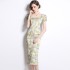 Real shot spot small daisy floral dress, women's retro hip hugging skirt, one shoulder long skirt