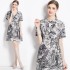 Real time spot new ink painting animal jungle pattern waist cinching slimming short sleeved dress