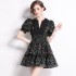 Real time spot French retro printed dress V-neck lace elastic waist slimming tea break skirt